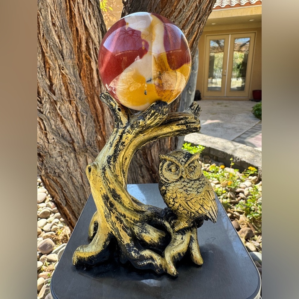Mookaite sphere and gold colored owl and tree stand. - Picture 2 of 6
